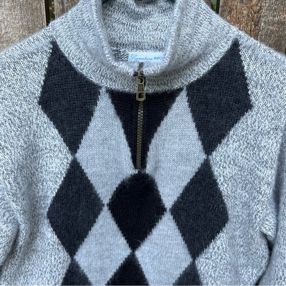 Signature Imports 100% Alpaca Partial Zip Gray Argyle Sweater Sz S - Picture 4 of 10